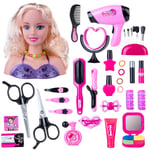 HENG 35Pcs Makeup Pretend Playset Styling Head Doll Hairstyle Toy with Hair Dryer for Children