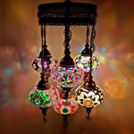 World Home Living Handmade Turkish Moroccan Arabian Eastern Bohemian Tiffany Style Glass Mosaic Colourful Ceiling Hanging 7 Ball Chandelier Lamps Light CE Approved UK Safety Standard