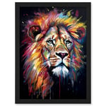 Artery8 Lion Head Oil Painting Rainbow Colour Mane Hair Vibrant Portrait Artwork Framed Wall Art Print A4