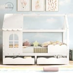 Retrok - Lit cabane enfant 90x200cm, avec 2 tiroirs, fenêtres et sommiers à lattes antichute, pin massif - Blanc