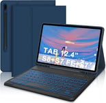 Étui Clavier Pour Samsung Galaxy Tab S7 Fe/ S7 Plus/ S7+/ S8+ 12,4"" Coque Mince, Détachable Rétro-Éclairage 7 Couleurs Bluetooth Français [Azerty] Clavier, Housse Avec Porte-Stylo, Bleu