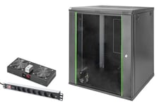 DIGITUS Set: Armoire réseau 19" 16U + Ventilateur de Toit + Bloc multiprise 7 Ports // Rack 19 Pouces - Montage Mural - Profondeur 600mm - Charge 60kg - Profondeur utile 320-450 mm - Noir