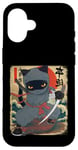 Coque pour iPhone 16 Chat ninja japonais, chat noir kawaii ninja