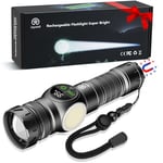 Jayxinli Lampe Torche LED Ultra Puissante, Lampe Torche Rechargeable 500000 Lumens, Lampe Torche Aimantée Avec Affichage LCD De La Puissance, Feux Latéraux COB, Double Commutation