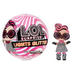 L.O.L. Surprise Puppe Light Glitter boule 8 dont 1 poupée pailletée 8cm, phosphorescente, lampe lumière noir, Modèles aléatoires à collectionner, Piles incluses, jouet pour enfants dès 3 ans, LLUB4