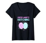 Womens Gender Reveal Guess What's Hatching Pink And Blue Easter Egg V-Neck T-Shirt