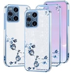 Kainevy pour Coque Oppo Find X3 Pro Transparent Paillettes Fleurs Motif pour Femme Fille Brillante Antichoc Etui Oppo Find X3 Pro Coque Silicone Souple Ultra Fine Jolie Luxe Case (Bleu+Argenté)