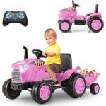 COSTWAY 12V Tracteur Électrique Enfant avec Remorque Amovible & Télécommande, Voiture Électrique à 6 Pneus avec Lumière LED & Musique & Cheminée,