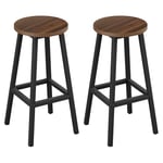 Klihome Tabouret de Bar Lot de 2, Tabouret Fixe Haut, Chaise Haute Cuisine, Siège Rond en Bois d'Ingénierie, Structure Métallique, Repose-Pieds, Style Moderne/Industriel, Chêne foncé, K0009BH-2