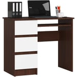 Bureau d'ordinateur AKORD gauche A6 Wengé 90 cm 3 tiroirs façade Blanche 1 étagère 90x50x77 cm