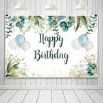 Toile de Fond Happy Birthday, Uiiooazy Toile de Fond Joyeux Anniversaire Eucalyptus Feuilles Bleu Vert Fond Photographie pour Enfants Adulte Décoration de Gâteau Fête d'anniversaire Bannière 3x2m