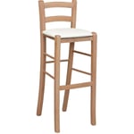 Tabouret haut en bois de noyer clair avec dossier h 80 cm assise simili cuir crème