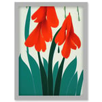 Modern Abstract Crimson Red Bloom Wild Flowers Teal Leaves on White Artwork Framed Wall Art Print A4