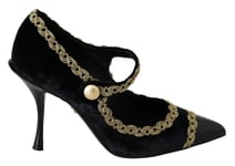 DOLCE & GABBANA Shoes Black Embellished Velvet Mary Jane Pumps EU35/US4.5