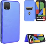 Compatible Avec Coque Google Pixel 4 Xl, Mince Flip Fibre De Carbone [Test De Chute] Antichoc Stand Fente Avec Carte, Protecteur D'écran En Verre Trempé*2-Bleu