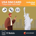 USA Travel SIM Card (5G/4G Data,7 Days) - 3-in-1 Data SIM Card - Standard, Micro & Nano SIM Card - Unlimited Calls & SMS to US, Hawaiian Mobiles & Landlines - T-Mobile Prepaid SIM