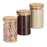 Relaxdays Glass Storage Jars, Set Of 3, Pasta, Coffee, Tea Or Biscuit Jar, 800 ml, HxD 16x9.5 cm, Bamboo, Natural