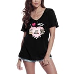 Femme Tee-Shirt Col V J'aime Les Chats - Mignon - I Love Cats - Cute - T-Shirt Graphique Éco-Responsable Vintage Cadeau Nouveauté