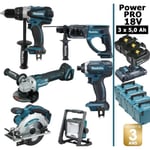 Pack de machines outil - Makita -  Power PRO 6 outils 18V: Perceuse DDF458 + Perfo DHR202 + Meuleuse DGA504 + Visseuse à chocs D#37