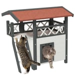 Outdoor Wooden Cat Shelter Puppy Kennel w/ Balcony Stairs