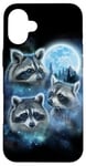 Coque pour iPhone 16 Plus Trois ratons laveurs engloutis dans les nuages de galaxie sous la lune glacée