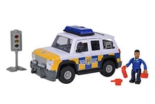 Simba 109251096 Kit de Jeu Sam Le Pompier, Voiture de Police 4x4 de 19 cm, pour Enfants à partir de 3 Ans, avec Son Original, lumière, Figurine Malcom et Autres Extras