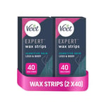 Veet Expert Cold Wax Strips, Hair Removal, Legs & Body, Sensitive Skin, 40 Strips each, 4 Finish Wipes, with Almond Oil, Pack of 2