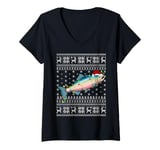 Womens Ugly Sweater Xmas Lights Santa Rainbow Trout Fish Christmas V-Neck T-Shirt