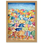 Summer At The Seaside With Colourful Beach Umbrellas On The Sand Watercolour Painting Artwork Framed Wall Art Print A4