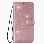 Motorola Moto G9 Play Case Glitter, Shockproof Flip Folio PU Leather Phone Wallet Case Full Protection Mandala Design with Magnetic Silicone Bumper Cover for Motorola G9 Play Case Girls, Rose Gold