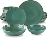 Vancasso Karst Reactive Glaze Dinner Sets, Stoneware Vintage Look Green 16 Set