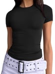 Trendy Queen Womens Crop Tops Short Sleeve T-Shirts Cute Summer Slim Fit Y2k Clothes, Black, L