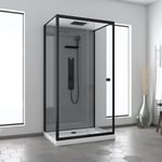 Cabine de douche Hydromassante 110x80 Receveur Bas - Fond Gris et Profilés Noir Mat - grey style low