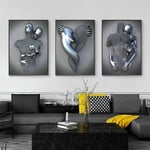 Ahlsen - Lot de 3 affiches d'art moderne – Statue en métal 3D Love Kiss, décoration murale – Sans cadre (30 40 cm)