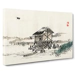 Cottage In The River By Kono Bairei Asian Japanese Canvas Wall Art Print Ready to Hang, Framed Picture for Living Room Bedroom Home Office Décor, 30x20 Inch (76x50 cm)