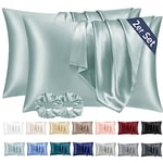 Vielit 2 Pack Satin Pillowcase for Hair and Skin,Soft as Silk Pillowcases for Hair and Skin,Easier Care than Silk Pillow Case Green Pillowcases for 40x80cm Pillow Envelope & 2 Scrunchies