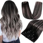 RUNATURE Extension Cheveux Clip Naturel 14 Pouces/35cm Extention Cheveux Naturelles Clip Silver Noir Ombre Extensions Seamless Clips Cheveux Vrais Cheveux Humains 7pcs/120g #1B/Silver/1B