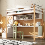 Lit mezzanine enfant avec escalier de rangement 90200cm, en bois de pin, lit superposé, lit enfant avec grand bureau et étagères, coloris respectueux