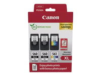 Canon Pg-560Xl X2/Cl-561Xl Photo Value Pack - Blank - 3-Pack - Høy Ytelse - Svart, Farge (Cyan, Magenta, Gul) - Original - Hengeboks - Blekkpatron/Papirsett - For Pixma Ts5350, Ts5351, Ts5352, Ts5353, Ts7450