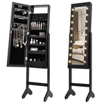 GOPLUS Armoire à Bijoux, Armoire a Bijoux avec Miroir sur Pied avec Lumières LED, Miroir Intégré, Organisateur de Bijoux Verrouillable avec Crochet de Collier, 4 Etagères (Noir)