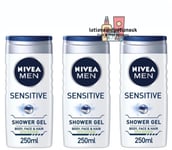 3 X Nivea Men SENSITIVE Skin Shower Gel Body Face Hair 250ML 