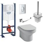 Pack WC suspendu Jacob Delafon sans bride Elite abattant + Bâti support Grohe RapidSL + plaque chromé + accessoires carrés