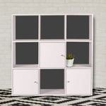 Meuble de rangement cube RUDY 9 cases bois blanc avec 3 portes fond gris