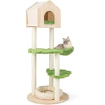 Arbre à Chat Mignon en Bois de Pin, Centre d'Activités pour Chat à Multi-Plateformes avec Griffoir et Grand Condo, Tour à Chat avec Hamac, Charge 10