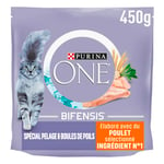 PURINA ONE Bifensis Pelage & Boules de Poils Croquettes Au Poulet Et Aux Céréales Complètes pour Chats Adultes Sachets Repas de 450 g | Lot de 10