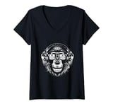 Womens Chimpanzee Sunglasses Headphones V-Neck T-Shirt