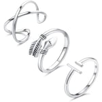 Öppna justerbara 925 Sterling Silver Ringar för kvinnor män minimalistiska kors pil stapelbara ringar set storlek 6-9 (Silver 3PCS)