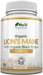 Organic Lions Mane Supplement 1500mg with Pepper - 180 Vegan Capsules - 6 Months