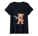 Womens Cool adult Teddy Bear with firearm and pistol in hand V-Neck T-Shirt