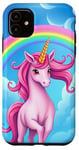 Coque pour iPhone 11 Licorne colorée dans les nuages avec arc-en-ciel lumineux